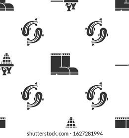 Set Fishing net with fish, Fishing boots and Fish on seamless pattern. Vector