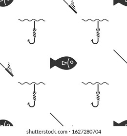 Set Fishing net, Fish and Fishing hook under water on seamless pattern. Vector