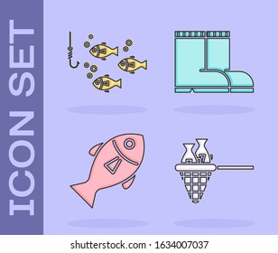 Set Fishing net with fish, Fishing hook under water with fish, Fish and Fishing boots icon. Vector