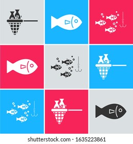 Set Fishing net with fish, Fish and Fishing hook under water with fish icon. Vector