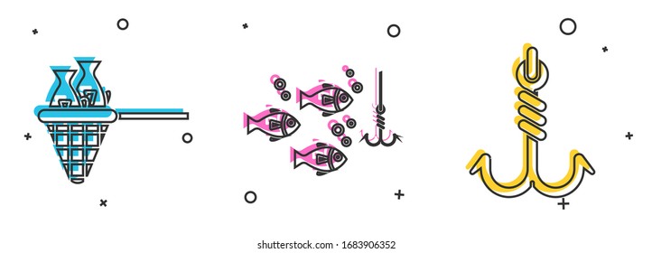 Set Fishing net with fish, Fishing hook under water with fish and Fishing hook icon. Vector