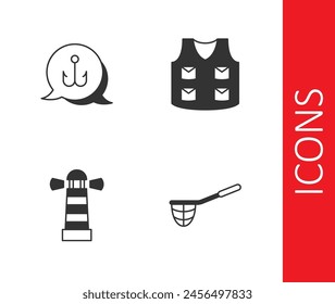 Set Fishing net, hook, Lighthouse and jacket icon. Vector