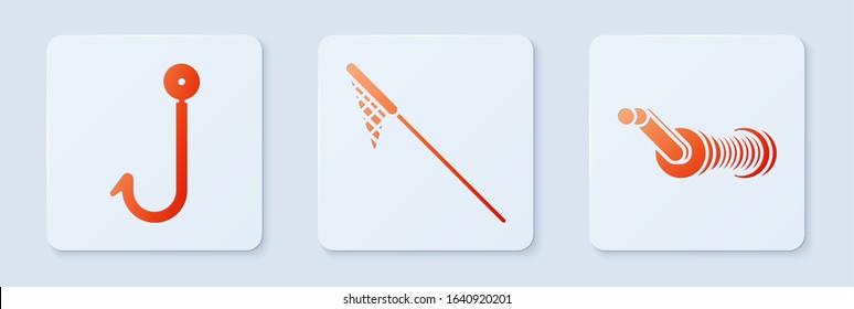 Set Fishing net, Fishing hook and Spinning reel for fishing. White square button. Vector