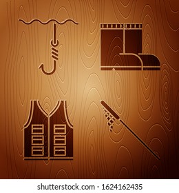 Set Fishing net, Fishing hook under water, Fishing jacket and Fishing boots on wooden background. Vector