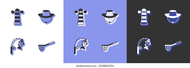 Set Fishing net, Lighthouse, rod and fish and Fisherman hat icon. Vector
