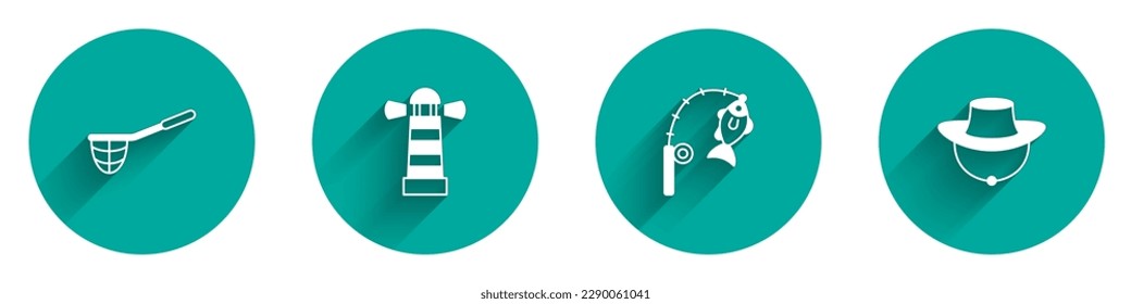 Set Fishing net, Lighthouse, rod and fish and Fisherman hat icon with long shadow. Vector