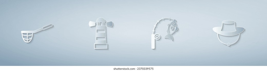 Set Fishing net, Lighthouse, rod and fish and Fisherman hat. Paper art style. Vector