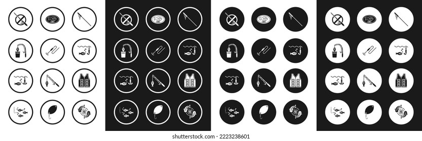 Set Fishing Net, Line With Hook And Float, Rod Fish, No Fishing, Under Water, Trophy Hanging On The Board, Jacket And  Icon. Vector