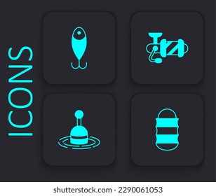 Set Fishing net, lure, Spinning reel for fishing and float water icon. Black square button. Vector