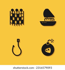Ajuste el patrón de la red de pesca, Bomba, gancho y icono del velero de yate con sombra larga. Vector