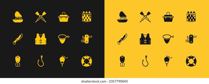 Set Fishing net pattern, hook, float, jacket, Case or box for fishing equipment, Yacht sailboat and Crossed oars paddles icon. Vector