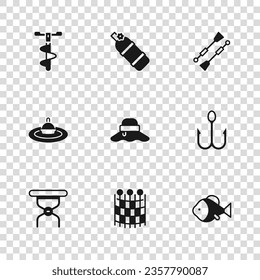 Set Fishing net pattern, hook, Fisherman hat, Oars or paddles boat, Hand ice drill, Aqualung and float water icon. Vector