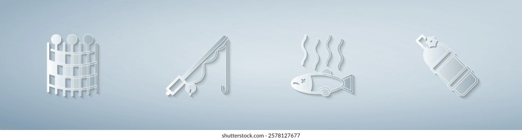 Set Fishing net pattern, rod, Dead fish and Aqualung. Paper art style. Vector