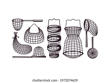 set of fishing net tool icons vector