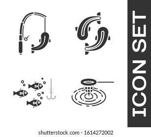 Set Fishing net in water, Fishing rod and fish, Fishing hook under water with fish and Fish icon. Vector
