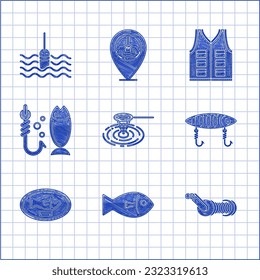 Set Fishing net in water, Spinning reel for fishing, lure, trophy hanging on the board, jacket and float icon. Vector