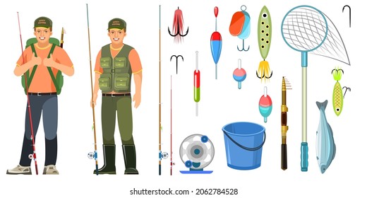 Set of fishing objects. Equipped happy fisherman with a backpack. Fishing rods, floats and lures with hooks. Isolated on white background. Vector