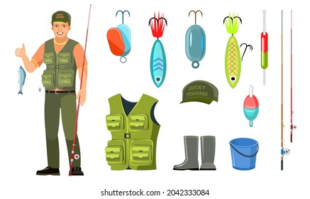 Set of fishing objects. A fisherman with a successful catch. Fishing rods, floats and lures with hooks. Isolated on white background. Vector