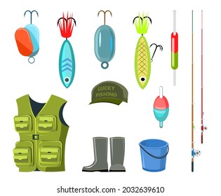 Set of fishing objects. Fishing rods, floats and lures with hooks. Isolated on white background. Clothes, equipment and shoes. Vector