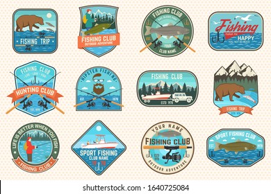 Set of fishing patch. Vector illustration. Concept for shirt or logo, print, stamp, tee, patch. Vintage typography design with fish rod, fisher, river, rainbow trout, bear and mountain silhouette.