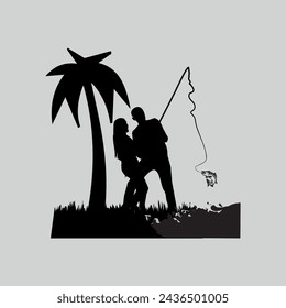 Set of fishing people silhouette with fish