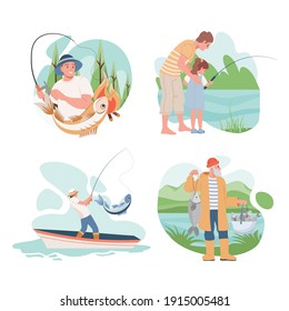 Set of fishing people vector flat illustration. Happy smiling men catching fish in the lake or sea, spending summer weekend or vacation. Father teaching daughter catch fish with fishing rod.