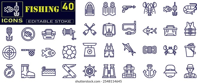 Set of Fishing Related Vector Line Icons. 
