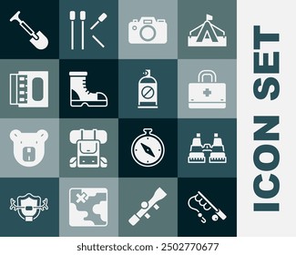 Set Fishing rod, Binoculars, First aid kit, Photo camera, Hunter boots, Matchbox and matches, Shovel and Spray against insects icon. Vector