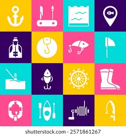 Set Fishing rod, boots, net with fish, Aquarium, hook, Fisherman, Anchor and lure icon. Vector