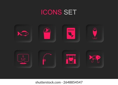 Set Fishing rod, bucket with fish, Campfire and pot, lure, Served on plate and hook icon. Vector
