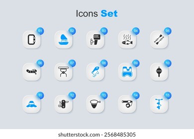 Set Fishing rod, Camping folding chair, Yacht sailboat, Fisherman hat, Hand ice drill, float, Carabiner and lure icon. Vector