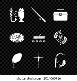 Set Fishing, rod, Case or box container for wobbler and gear fishing equipment, spoon, hook float, trophy hanging the board and boat with oars water icon. Vector