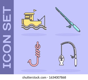 Set Fishing rod and fish, Fishing boat with fishing rod on water, Fishing hook icon. Vector