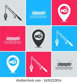 Set Fishing rod and fish, Fishing boat with fishing rod on water and Location fishing icon. Vector