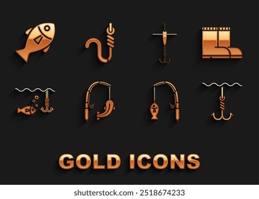 Set Fishing rod and fish, boots, hook under water, with, float,  and worm icon. Vector