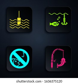 Set Fishing rod and fish, Fishing float in water, No fishing and Fishing hook under water with fish. Black square button. Vector