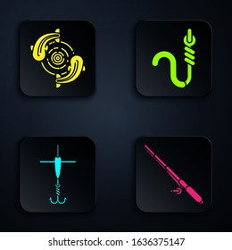 Set Fishing rod, Fish, Fishing hook and float and Fishing hook and worm. Black square button. Vector