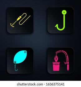 Set Fishing rod and fish, Fishing line with hook and float, Fishing spoon and Fishing hook. Black square button. Vector