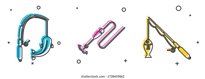 Set Fishing rod and fish, Fishing line with hook and float and Fishing rod and fish icon. Vector