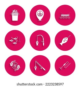 Set Fishing rod and fish, line with hook float, on, under water, boat fishing and bucket fishes icon. Vector