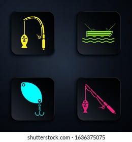 Set Fishing rod and fish, Fishing spoon and Fishing boat with rod on water. Black square button. Vector