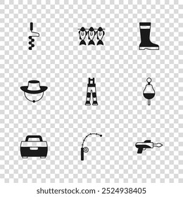 Conjunto de caña de pescar, flotador, arpón, pantalones de pescador, botas, taladro de hielo de mano, pescado seco y sombrero icono. Vector