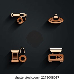 Ajuste la barra de pesca, el agua flotante, el carrete giratorio para la pesca y el icono de balanzas electrónicas con sombra larga. Vector