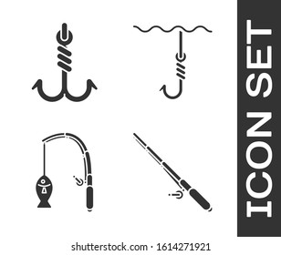 Set Fishing rod, Fishing hook, Fishing rod and fish and Fishing hook under water icon. Vector