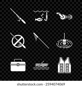 Set Fishing rod, hook under water with fish, Spinning reel for fishing, Case box container wobbler and gear equipment, boat oars, jacket, No and net icon. Vector