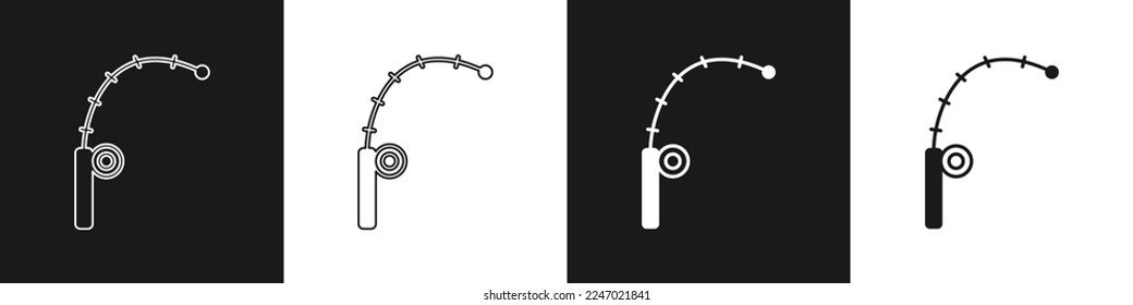 Set Fishing rod icon isolated on black and white background. Catch a big fish. Fishing equipment and fish farming topics.  Vector