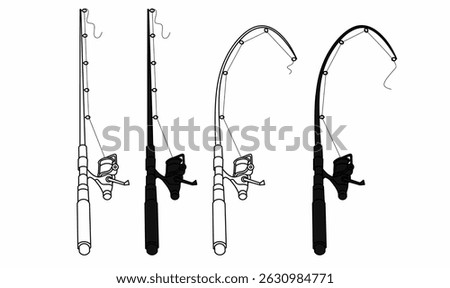 Set of fishing rod illustrations. Vector icons of fishing poles with reels in various angles. Ideal for outdoor gear, angling guides, and sport fishing designs.