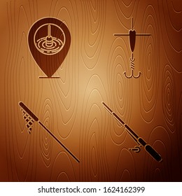Set Fishing rod, Location fishing, Fishing net and Fishing hook and float on wooden background. Vector