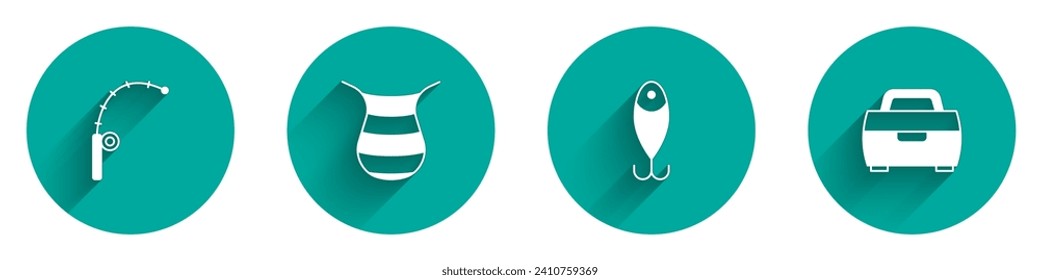 Set Fishing rod, net, lure and Case or box for fishing equipment icon with long shadow. Vector