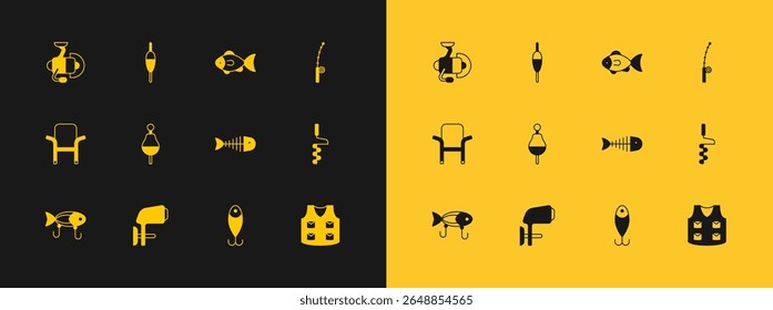 Set Fishing rod, Outboard boat motor, skeleton, lure, float, Spinning reel for fishing and  icon. Vector